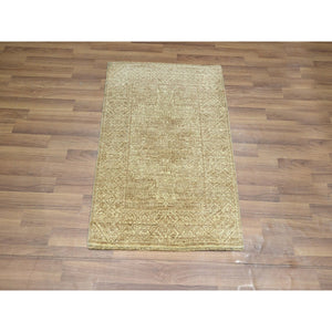 2'x3' Honey Brown, Intricate Repetitive Geometric Design, Tone On Tone, Wool And Silk, Hand Knotted, Mat, Sample, Oriental Rug FWR460062