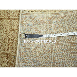 2'x3' Honey Brown, Intricate Repetitive Geometric Design, Tone On Tone, Wool And Silk, Hand Knotted, Mat, Sample, Oriental Rug FWR460062