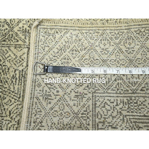 2'x3' Beige, Intricate Repetitive Geometric Design, Tone On Tone, Hand Knotted, Wool And Silk, Sample, Mat, Oriental Rug FWR460068