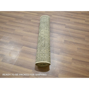 2'x3' Beige, Intricate Repetitive Geometric Design, Tone On Tone, Hand Knotted, Wool And Silk, Sample, Mat, Oriental Rug FWR460068