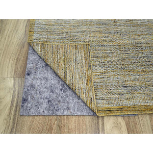 10'x10' Golden Yellow, Oxidized And Distressed Grass Design With Exposed Warps, Hand Knotted, Natural Wool, Square, Oriental Rug FWR460218