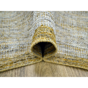 10'x10' Golden Yellow, Oxidized And Distressed Grass Design With Exposed Warps, Hand Knotted, Natural Wool, Square, Oriental Rug FWR460218