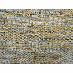 10'x10' Golden Yellow, Oxidized And Distressed Grass Design With Exposed Warps, Hand Knotted, Natural Wool, Square, Oriental Rug FWR460218