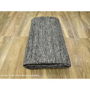 10'x14' Caviar Black With Ivory, Hand Knotted, Organic Wool, Distressed, Oxidized Grass Design With Exposed Warps, Oriental Rug FWR460278
