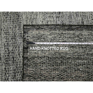 10'x14' Caviar Black With Ivory, Hand Knotted, Organic Wool, Distressed, Oxidized Grass Design With Exposed Warps, Oriental Rug FWR460278