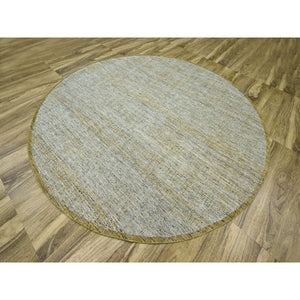 10'x10' Golden Yellow, 100% Wool, Hand Knotted, Oxidized Grass Design, Distressed, Exposed Warps, Round, Oriental Rug FWR460332