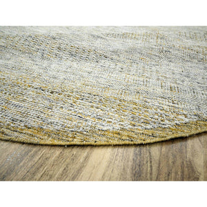 10'x10' Golden Yellow, 100% Wool, Hand Knotted, Oxidized Grass Design, Distressed, Exposed Warps, Round, Oriental Rug FWR460332