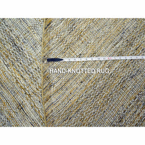 10'x10' Golden Yellow, 100% Wool, Hand Knotted, Oxidized Grass Design, Distressed, Exposed Warps, Round, Oriental Rug FWR460332
