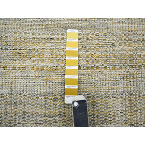 11'10"x11'10" Nugget Gold, Pure Wool, Hand Knotted, Oxidized And Distressed Grass Design With Exposed Warps, Round, Oriental Rug FWR460368