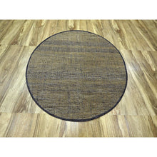 Load image into Gallery viewer, 6&#39;1&quot;x6&#39;1&quot; Honey Brown With Black, Hand Knotted, Distressed And Oxidized Grass Design With Exposed Warps, Pure Wool, Round, Oriental Rug FWR460380