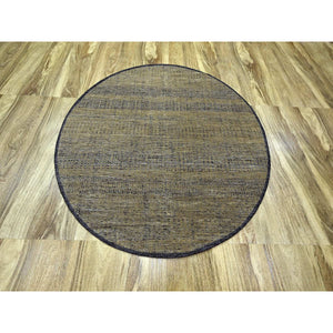 6'1"x6'1" Honey Brown With Black, Hand Knotted, Distressed And Oxidized Grass Design With Exposed Warps, Pure Wool, Round, Oriental Rug FWR460380