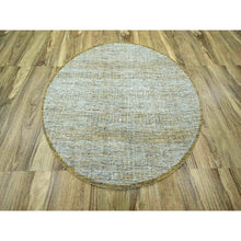 Load image into Gallery viewer, 6&#39;x6&#39; Golden Yellow, Oxidized And Distressed Grass Design With Exposed Warps, Hand Knotted, 100% Wool, Round, Oriental Rug FWR460386