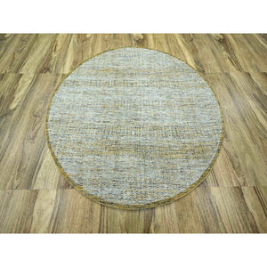 6'x6' Golden Yellow, Oxidized And Distressed Grass Design With Exposed Warps, Hand Knotted, 100% Wool, Round, Oriental Rug FWR460386