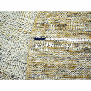 6'x6' Golden Yellow, Oxidized And Distressed Grass Design With Exposed Warps, Hand Knotted, 100% Wool, Round, Oriental Rug FWR460386