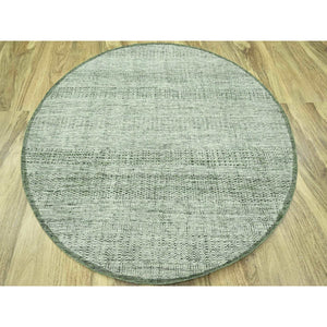 6'x6' Basil Green With Ivory, Hand Knotted, Organic Wool, Oxidized And Distressed Grass Design With Exposed Warps, Round, Oriental Rug FWR460392
