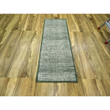 Load image into Gallery viewer, 2&#39;6&quot;x6&#39; Hunter Green, 100% Wool, Hand Knotted, Oxidized And Distressed Grass Design With Exposed Warps, Runner, Oriental Rug FWR460434