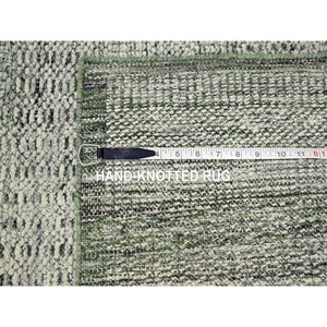 2'6"x6' Hunter Green, 100% Wool, Hand Knotted, Oxidized And Distressed Grass Design With Exposed Warps, Runner, Oriental Rug FWR460434