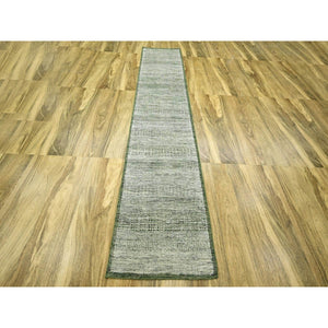 2'6"x11'10" Pine Green, 100% Wool, Oxidized And Distressed Grass Design With Exposed Warps, Hand Knotted, Runner, Oriental Rug FWR460440