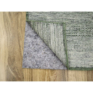 2'6"x11'10" Pine Green, 100% Wool, Oxidized And Distressed Grass Design With Exposed Warps, Hand Knotted, Runner, Oriental Rug FWR460440