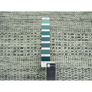 2'6"x11'10" Pine Green, 100% Wool, Oxidized And Distressed Grass Design With Exposed Warps, Hand Knotted, Runner, Oriental Rug FWR460440