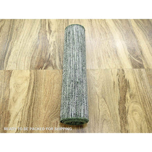 2'6"x11'10" Pine Green, 100% Wool, Oxidized And Distressed Grass Design With Exposed Warps, Hand Knotted, Runner, Oriental Rug FWR460440