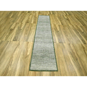 2'6"x10' Bottle Green, Distressed And Oxidized Grass Design With Exposed Warps, 100% Wool, Hand Knotted, Runner, Oriental Rug FWR460446