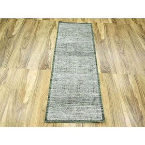 2'6"x6' Hunter Green, Hand Knotted, Oxidized And Distressed Grass Design With Exposed Warps, 100% Wool, Runner, Oriental Rug FWR460452