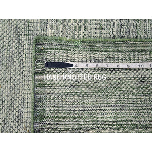 2'6"x6' Hunter Green, Hand Knotted, Oxidized And Distressed Grass Design With Exposed Warps, 100% Wool, Runner, Oriental Rug FWR460452