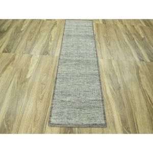 2'7"x8' Cafe Au Lait Brown, Oxidized And Distressed Grass Design With Exposed Warps, Hand Knotted, 100% Wool, Runner, Oriental Rug FWR460494