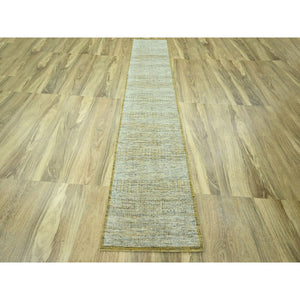 2'6"x12' Mustard Yellow, Distressed And Oxidized Grass Design With Exposed Warps, Hand Knotted, 100% Wool, Runner, Oriental Rug FWR460512