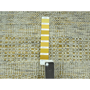 2'6"x12' Mustard Yellow, Distressed And Oxidized Grass Design With Exposed Warps, Hand Knotted, 100% Wool, Runner, Oriental Rug FWR460512