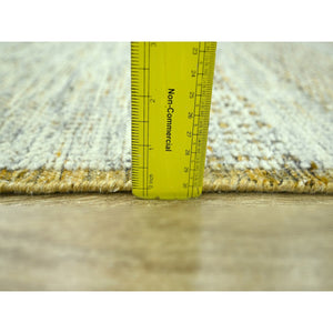 2'6"x12' Mustard Yellow, Distressed And Oxidized Grass Design With Exposed Warps, Hand Knotted, 100% Wool, Runner, Oriental Rug FWR460512