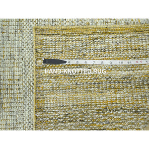 2'6"x12' Mustard Yellow, Distressed And Oxidized Grass Design With Exposed Warps, Hand Knotted, 100% Wool, Runner, Oriental Rug FWR460512