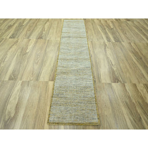 2'6"x10' Golden Yellow, Oxidized And Distressed Grass Design With Exposed Warps, Natural Wool, Hand Knotted, Runner, Oriental Rug FWR460518