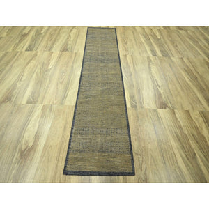 2'6"x10' Honey Brown, 100% Wool, Oxidized And Distressed Grass Design With Exposed Warps, Hand Knotted, Runner, Oriental Rug FWR460536