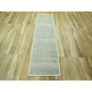 2'7"x8'1" Spanish Gray, 100% Wool, Oxidized And Distressed Grass Design With Exposed Warps, Hand Knotted, Runner, Oriental Rug FWR460560