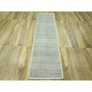 2'6"x8'1" Medium Gray, Organic Wool, Oxidized And Distressed Grass Design With Exposed Warps, Hand Knotted, Runner, Oriental Rug FWR460572