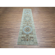 Load image into Gallery viewer, 2&#39;8&quot;x10&#39;4&quot; Pistachio Green, Hand Knotted, Pure Wool, Pre Historic 14th Century Influence, Mamluk Design, Natural Dyes, Runner, Oriental Rug FWR460878