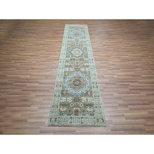 2'8"x10'4" Pistachio Green, Hand Knotted, Pure Wool, Pre Historic 14th Century Influence, Mamluk Design, Natural Dyes, Runner, Oriental Rug FWR460878