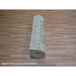 2'7"x12'1" Sage Green, Pre Historic 14th Century Influence, Mamluk Design, Natural Dyes, Hand Knotted, Pure Wool, Runner, Oriental Rug FWR460884
