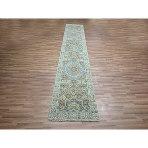 2'7"x12'1" Mint Green, Organic Wool, Pre Historic 14th Century Influence, Mamluk Design, Natural Dyes, Hand Knotted, Runner, Oriental Rug FWR460890