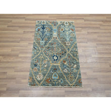 Load image into Gallery viewer, 2&#39;x3&#39; Viridian Green, Hand Spun New Zealand Wool, Trellis Borderless Garden Design, Agra, Hand Knotted, Mat Sample, Oriental Rug FWR460962