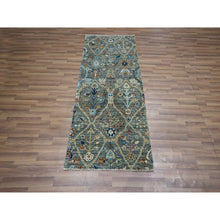Load image into Gallery viewer, 2&#39;8&quot;x6&#39; Teal Green, Hand Knotted, Trellis Borderless Garden Design, Agra, Hand Spun New Zealand Wool, Runner, Oriental Rug FWR460968