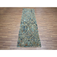 Load image into Gallery viewer, 2&#39;8&quot;x8&#39;1&quot; Viridian Green, Trellis Borderless Garden Design, Agra, Hand Knotted, Hand Spun New Zealand Wool, Runner, Oriental Rug FWR460986