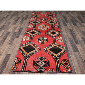 3'1"x8'4" Imperial Red, Vintage Persian Shiraz with Geometric Pattern, 100% Wool, Hand Knotted, Shaved Down, Zero Pile, Even Wear, Sides and Ends Professionally Secured, Good Condition, Runner, Oriental Rug FWR4662