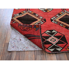 Load image into Gallery viewer, 3&#39;1&quot;x8&#39;4&quot; Imperial Red, Vintage Persian Shiraz with Geometric Pattern, 100% Wool, Hand Knotted, Shaved Down, Zero Pile, Even Wear, Sides and Ends Professionally Secured, Good Condition, Runner, Oriental Rug FWR4662
