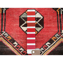 Load image into Gallery viewer, 3&#39;1&quot;x8&#39;4&quot; Imperial Red, Vintage Persian Shiraz with Geometric Pattern, 100% Wool, Hand Knotted, Shaved Down, Zero Pile, Even Wear, Sides and Ends Professionally Secured, Good Condition, Runner, Oriental Rug FWR4662