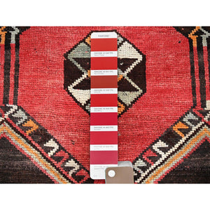 3'1"x8'4" Imperial Red, Vintage Persian Shiraz with Geometric Pattern, 100% Wool, Hand Knotted, Shaved Down, Zero Pile, Even Wear, Sides and Ends Professionally Secured, Good Condition, Runner, Oriental Rug FWR4662