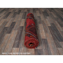 Load image into Gallery viewer, 3&#39;1&quot;x8&#39;4&quot; Imperial Red, Vintage Persian Shiraz with Geometric Pattern, 100% Wool, Hand Knotted, Shaved Down, Zero Pile, Even Wear, Sides and Ends Professionally Secured, Good Condition, Runner, Oriental Rug FWR4662