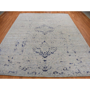 11'10"x14'9" Marian Blue, Diminishing Cypress Tree with Medallion Design, Silk with Textured Wool, Hand Knotted, Oversized Oriental Rug FWR468006